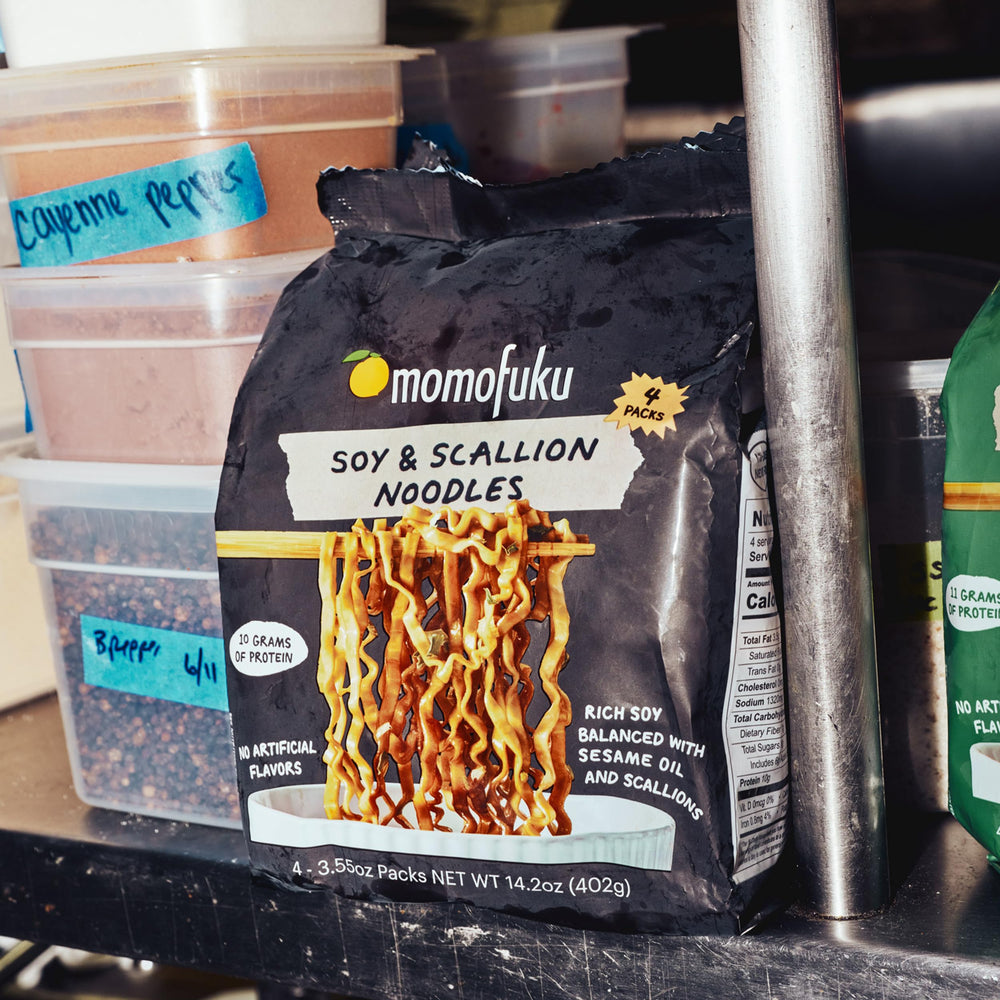 Box packaging of Momofuku ramen on kitchen counter for easy unboxing