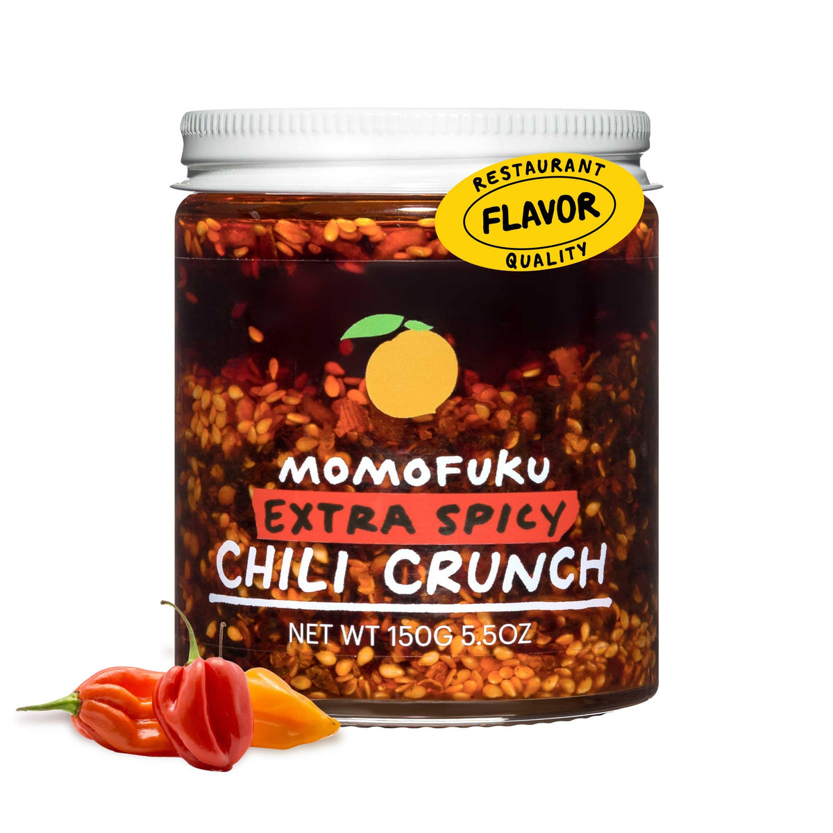 Momofuku Extra Spicy Chili Crunch jar closeup showing bold, crunchy heat