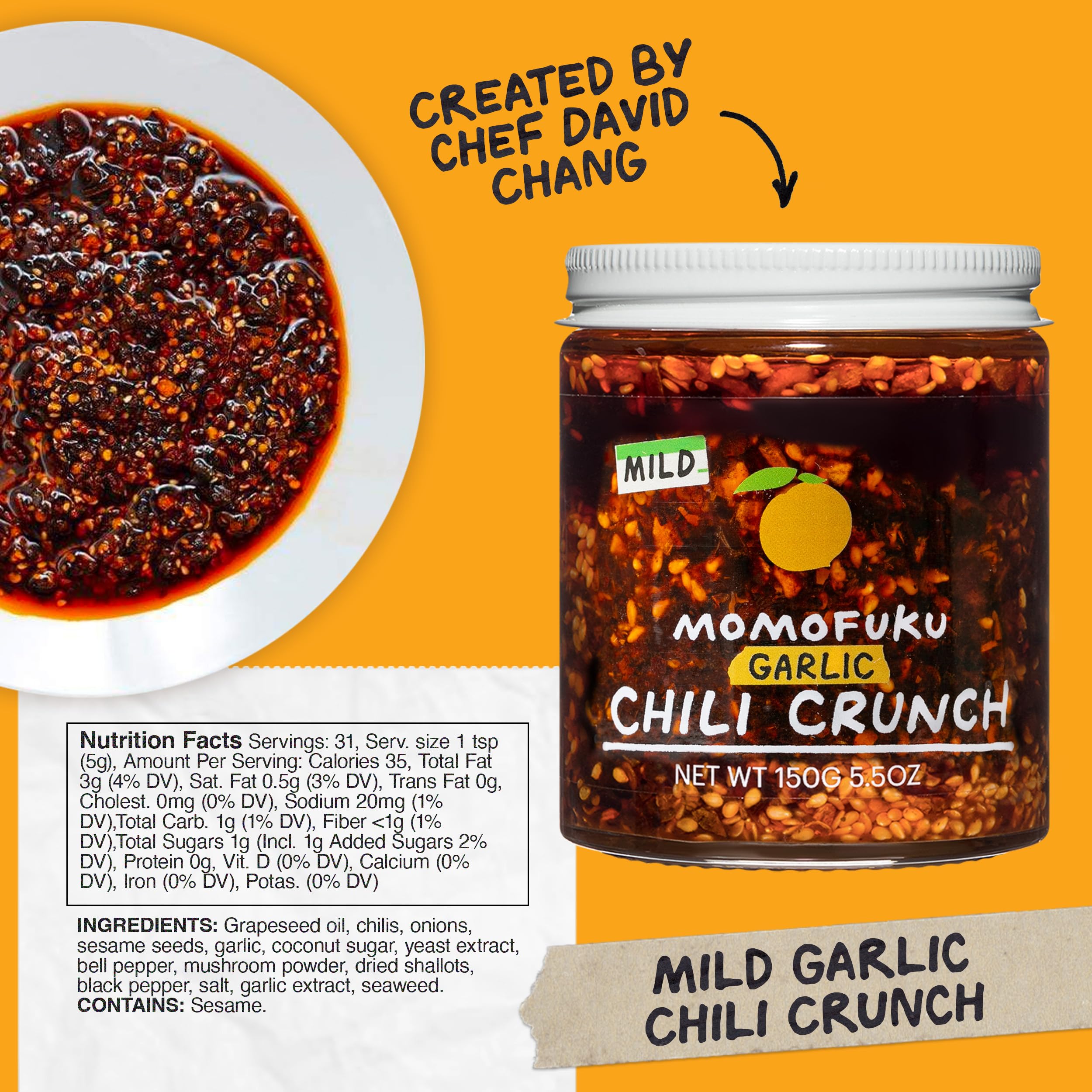 Momofuku Mild Garlic Chili Crunch bottle side, easy to drizzle over noodles or eggs.