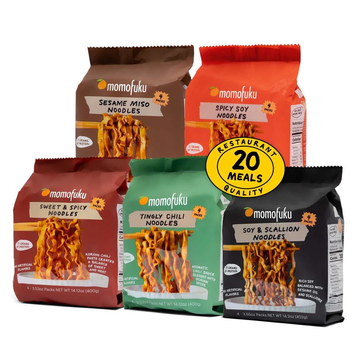 Momofuku ramen variety pack box shows 20 meal servings for weeknights
