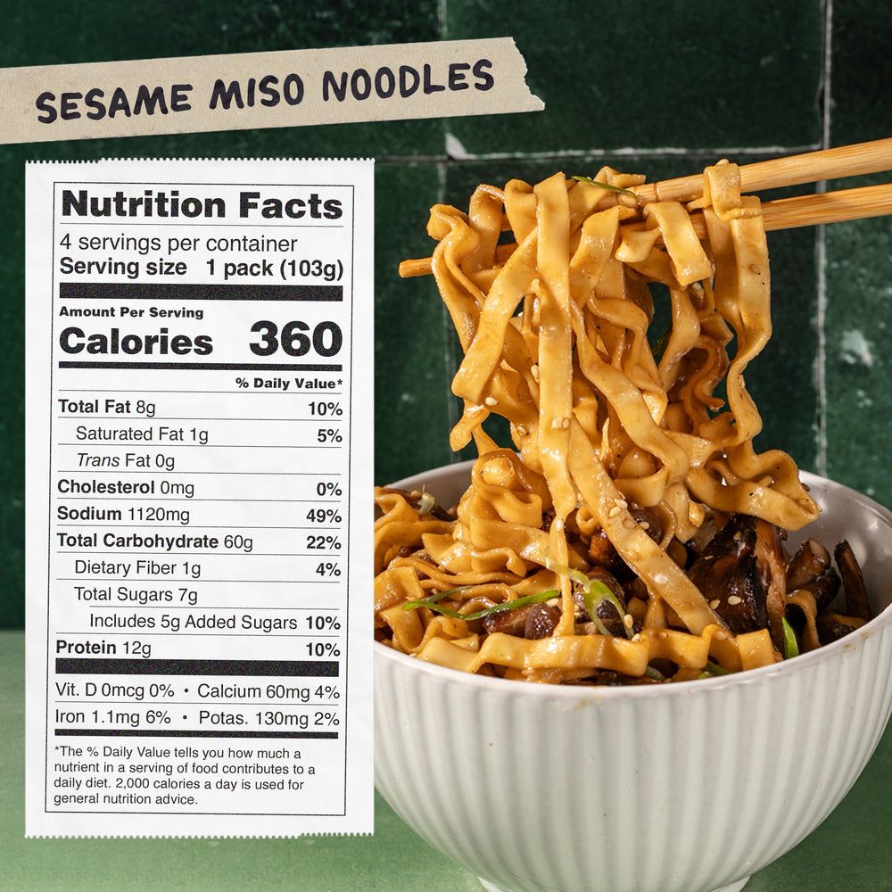 Sauce packet detail highlights rich sesame miso blend for bold flavor