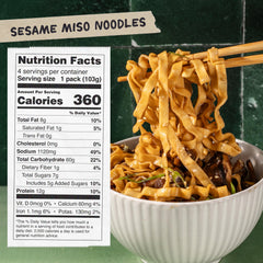 Sauce packet detail highlights rich sesame miso blend for bold flavor