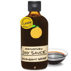 Momofuku Soy Sauce bottle top view, ideal for enhancing sushi prep.