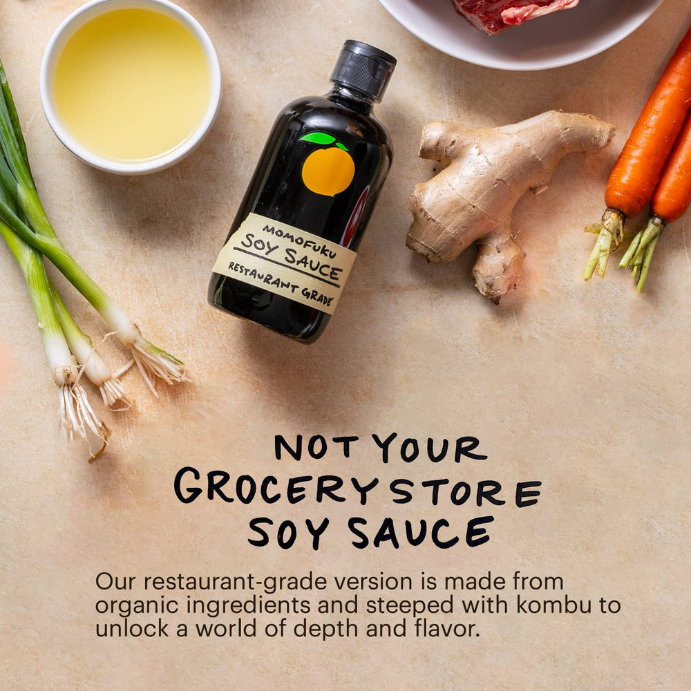 Momofuku Soy Sauce bottle with kombu, steeped for deeper flavor.