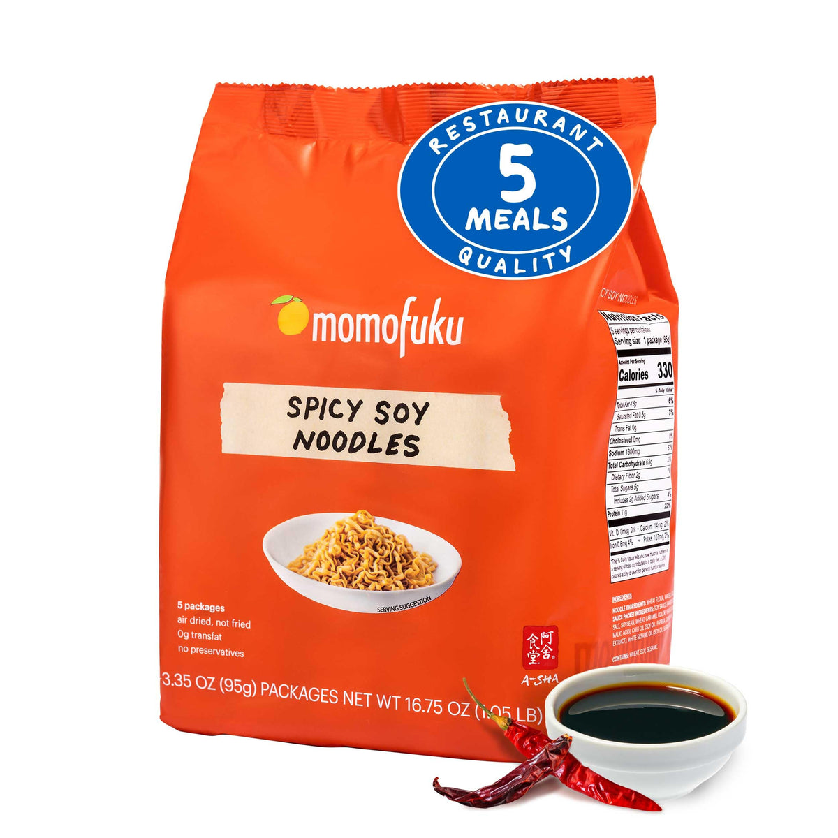 Momofuku Spicy Soy Ramen pack with five servings for quick protein-rich meals.