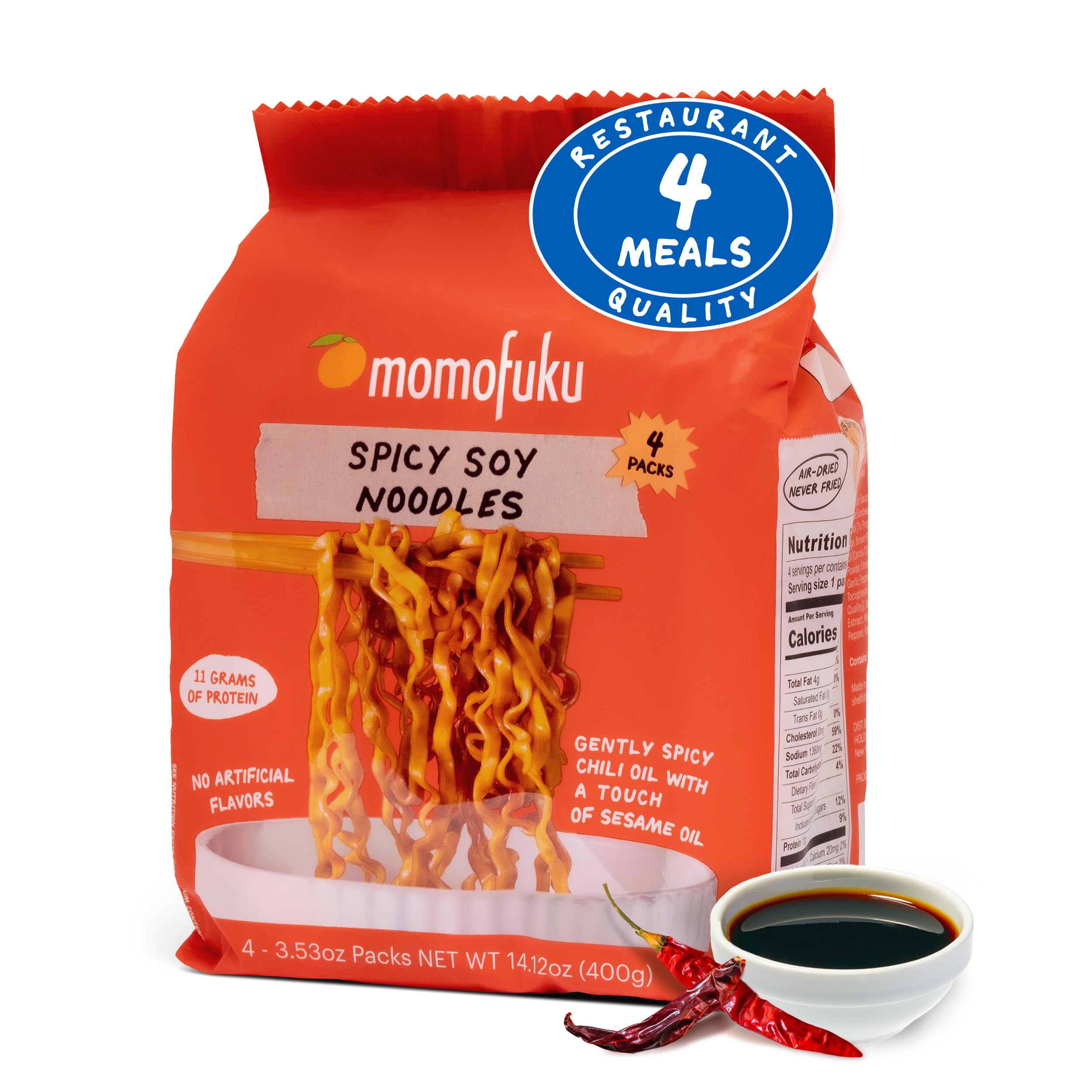 Momofuku Spicy Soy Ramen four-serving pack with air-dried noodles for restaurant-quality meals.