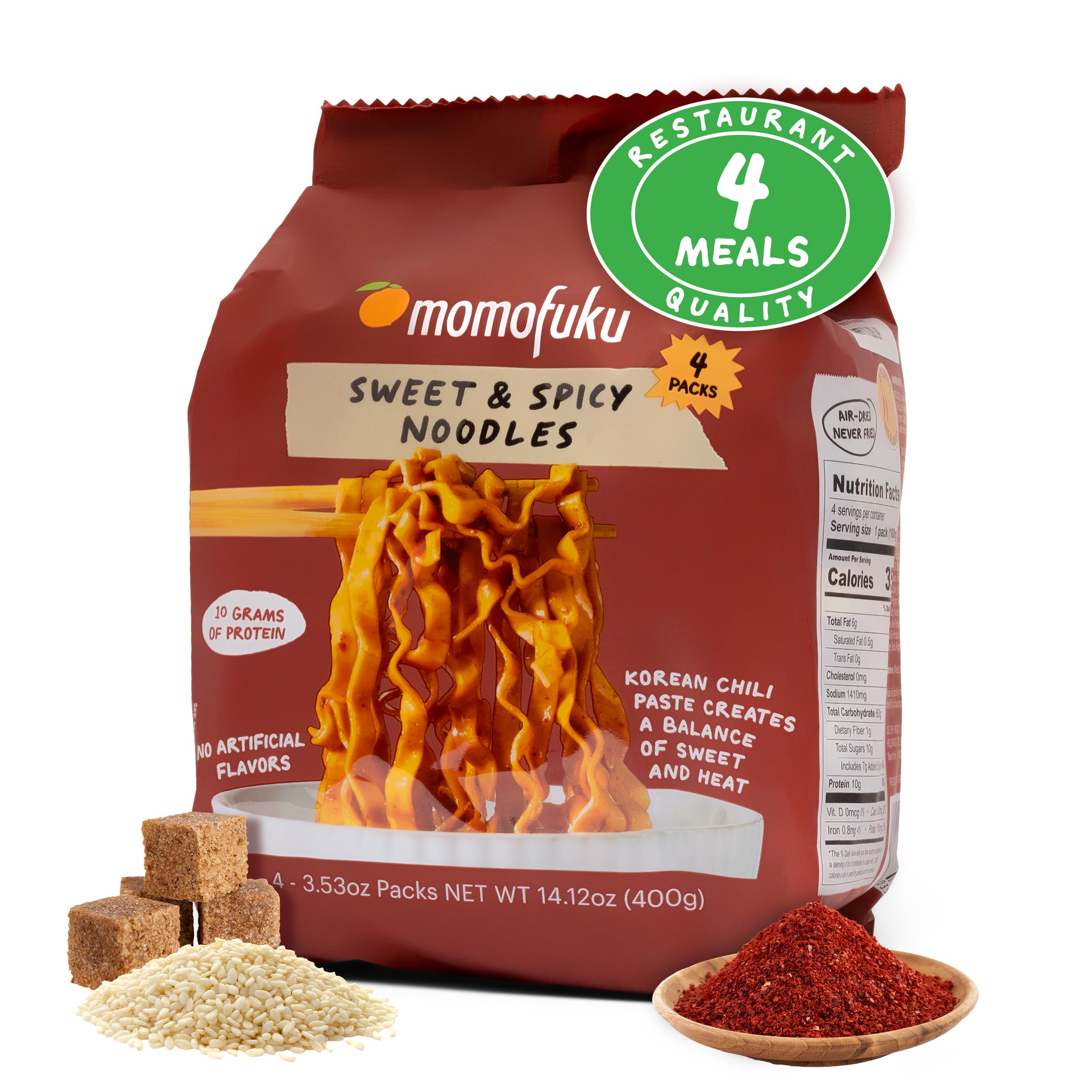Momofuku Sweet and Spicy Noodles pack on shelf highlighting restaurant-quality flavor for home cooks.