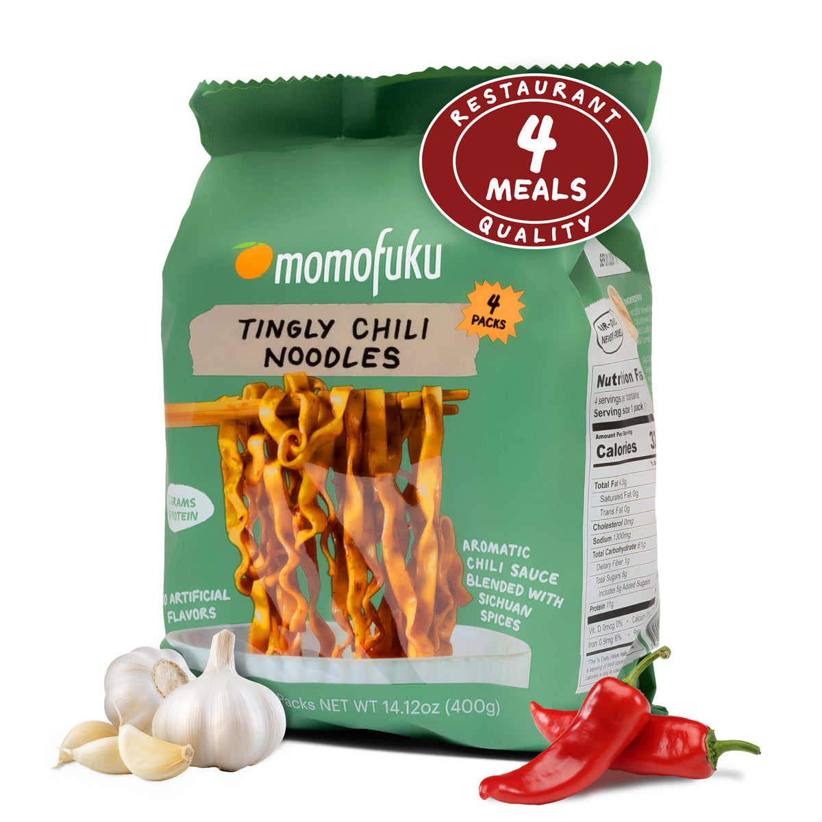 Momofuku Tingly Chili Noodles box with 4-pack highlights restaurant-quality convenience.