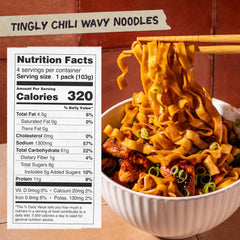 Unopened Momofuku Tingly Chili Noodles pack close-up shows premium packaging.