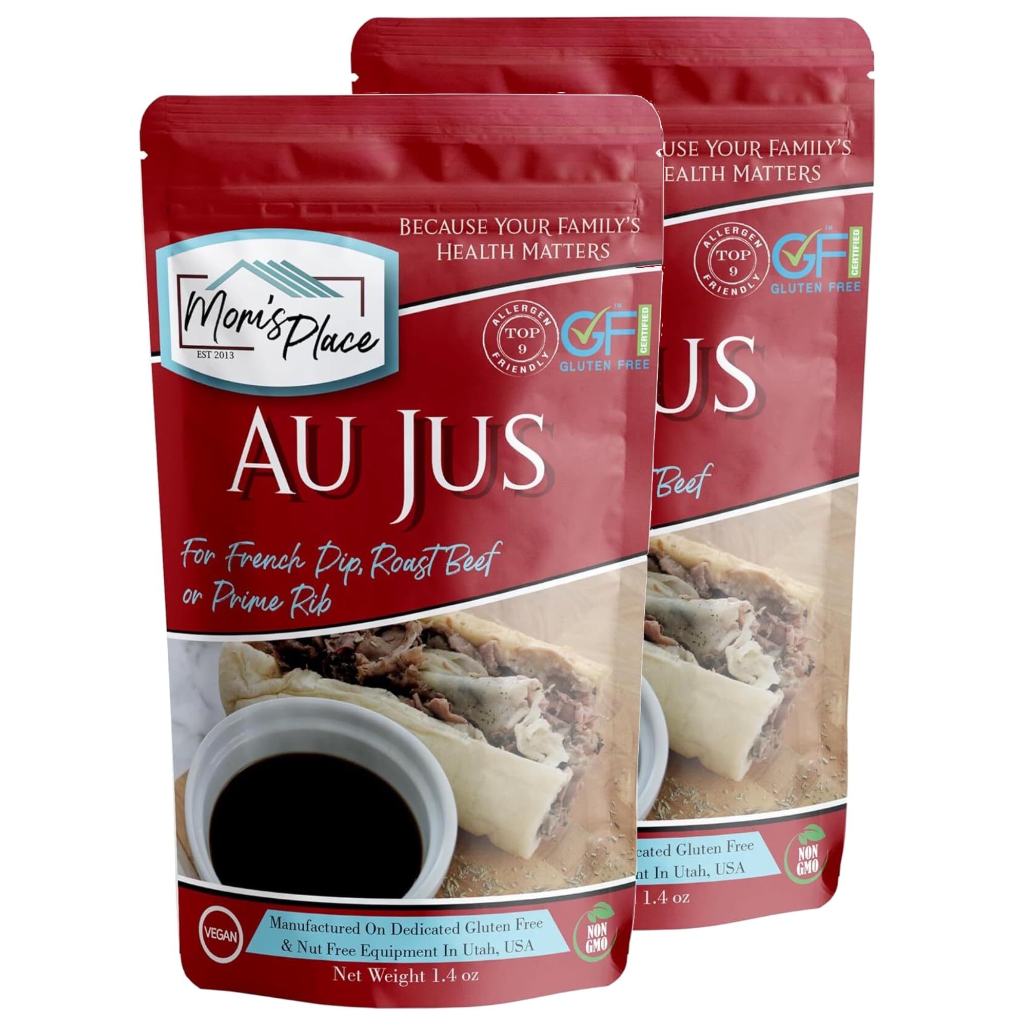 Mom's Place Gluten-Free Au Jus 2-pack bottle on the counter, perfect for dipping.