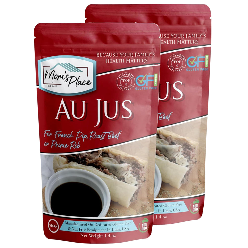 Mom's Place Gluten-Free Au Jus 2-pack bottle on the counter, perfect for dipping.