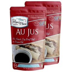 Mom's Place Gluten-Free Au Jus 2-pack bottle on the counter, perfect for dipping.
