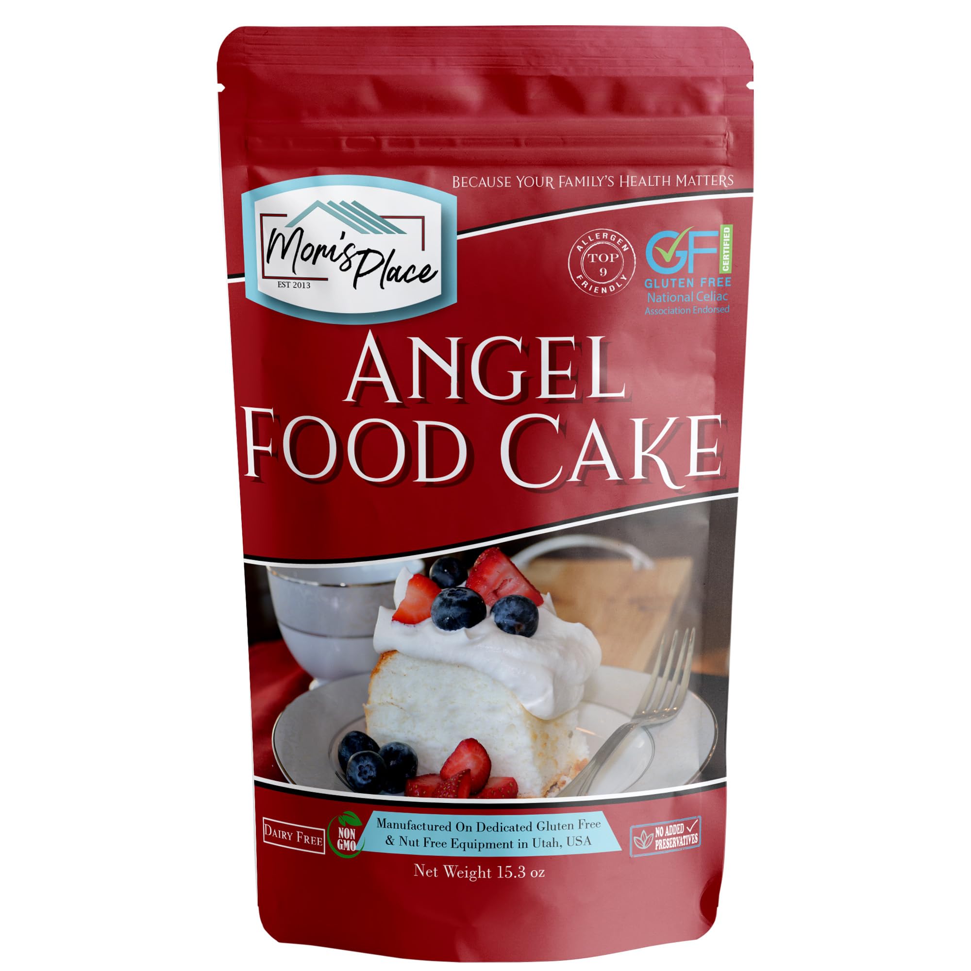 Mom's Place Gluten-Free Angel Food Cake Mix packaging showing allergen-friendly labeling and ingredients