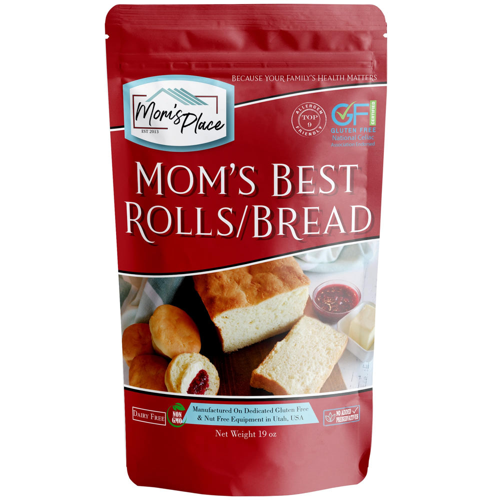Mom's Place gluten-free mix packaging shows allergen-free formulation for home baking