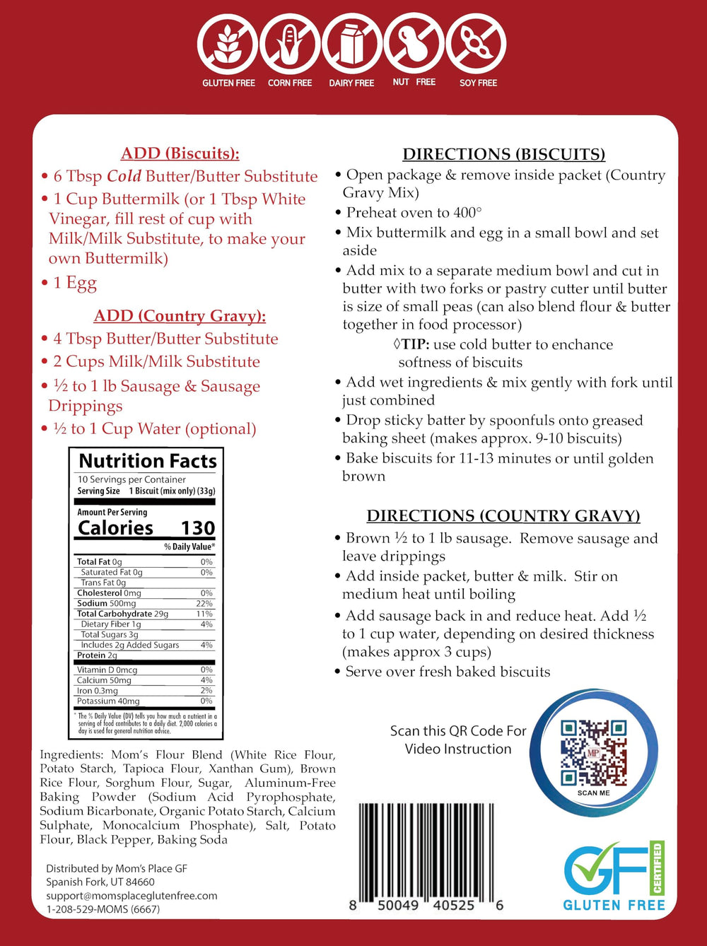 Mom's Place gluten-free biscuit mix pack for easy allergen-friendly meals.