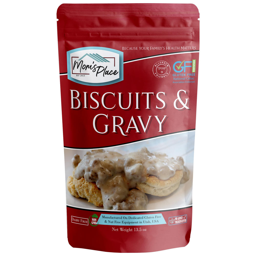 Mom's Place Gluten-Free biscuits with country gravy ready for a comforting breakfast.