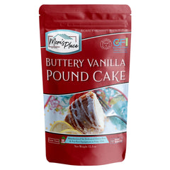 Mom's Place Gluten-Free Buttery Vanilla Pound Cake Mix package shows allergen-free convenience for shared desserts.