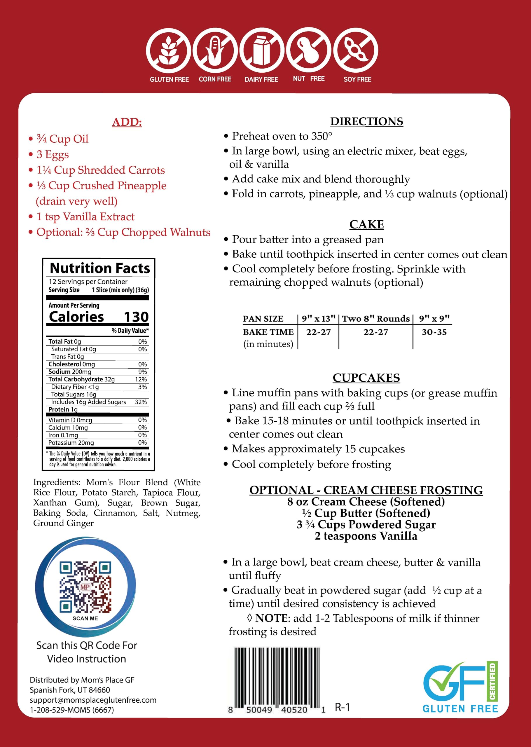Mom's Place gluten-free carrot cake mix—dry ingredients ready for quick, simple prep.