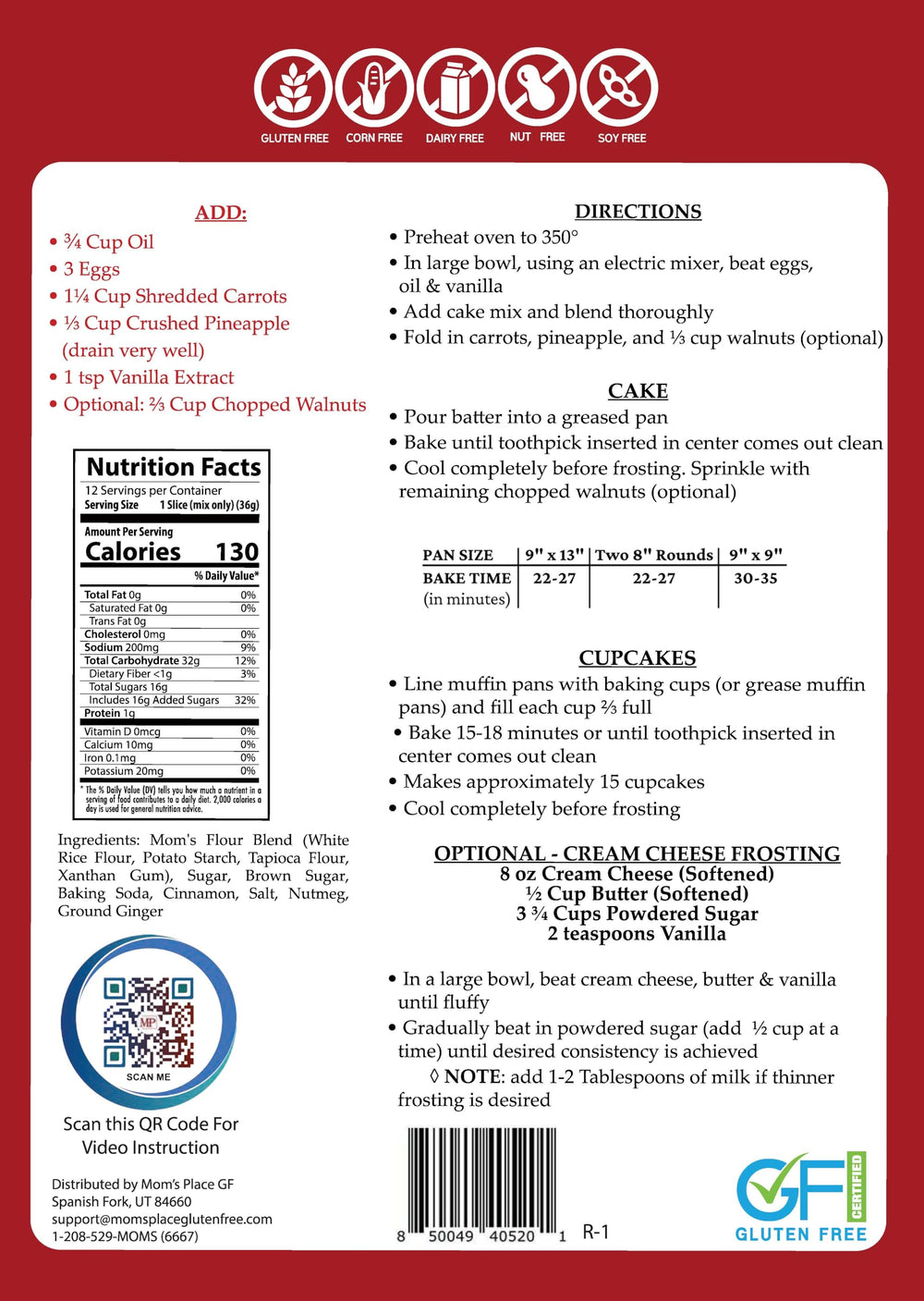 Mom's Place gluten-free carrot cake mix—dry ingredients ready for quick, simple prep.
