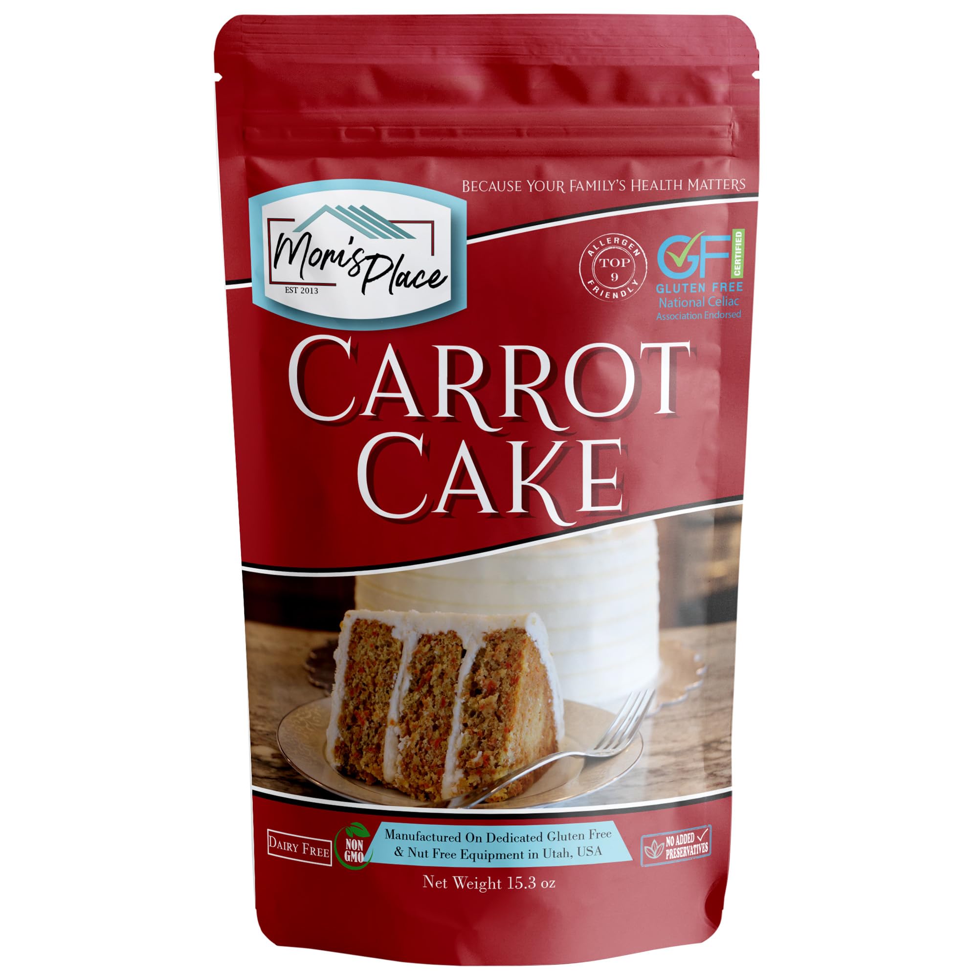 Mom's Place gluten-free carrot cake mix—spiced aroma for cozy, allergen-friendly desserts.
