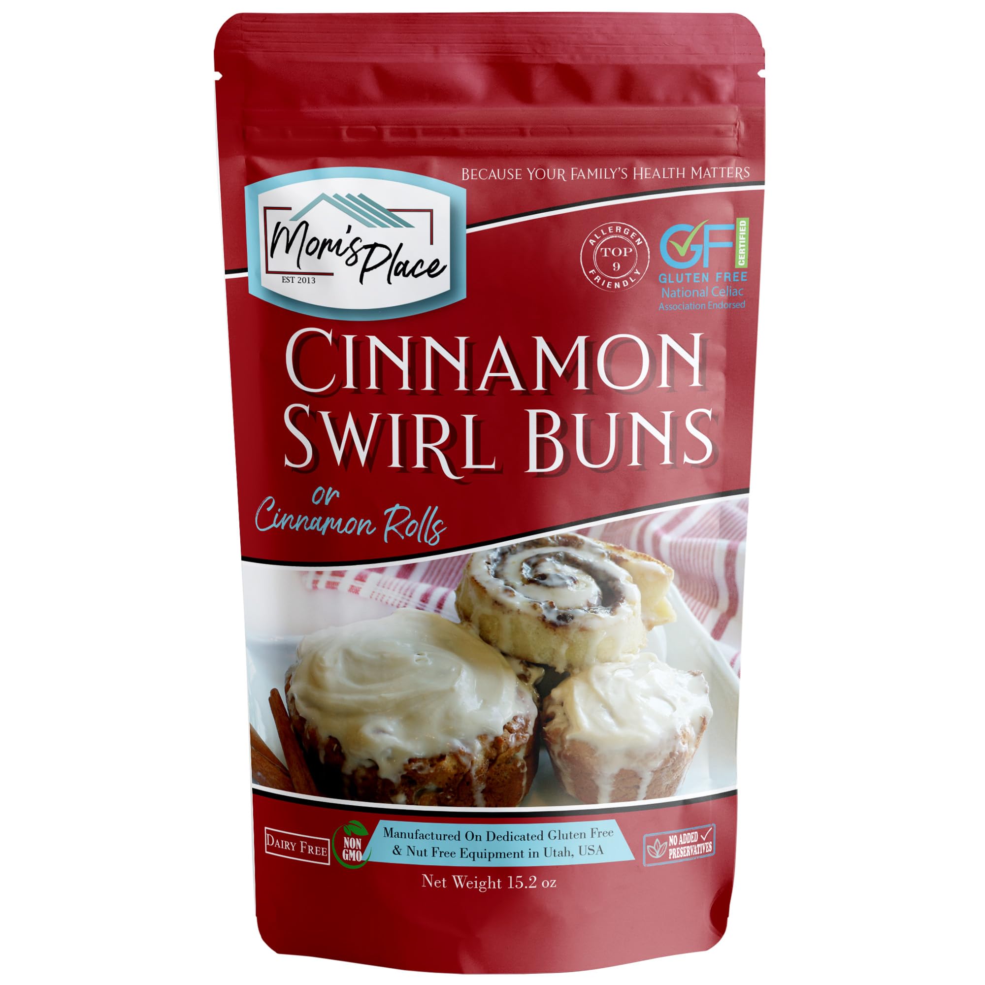 Mom's Place Gluten-Free Cinnamon Swirl Bun mix packaging on kitchen counter for quick allergen-friendly baking.