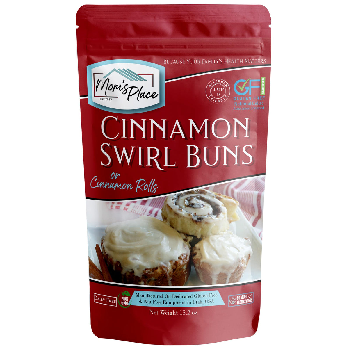 Mom's Place Gluten-Free Cinnamon Swirl Bun mix packaging on kitchen counter for quick allergen-friendly baking.