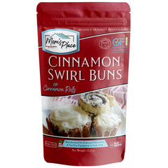 Mom's Place Gluten-Free Cinnamon Swirl Bun mix packaging on kitchen counter for quick allergen-friendly baking.