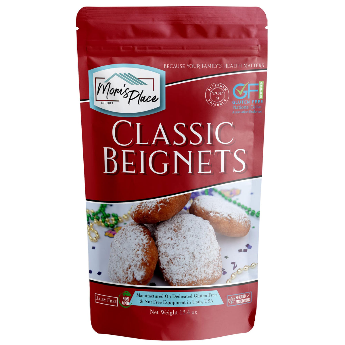 Mom's Place gluten-free beignet mix in a bag, ideal for quick dessert preparation