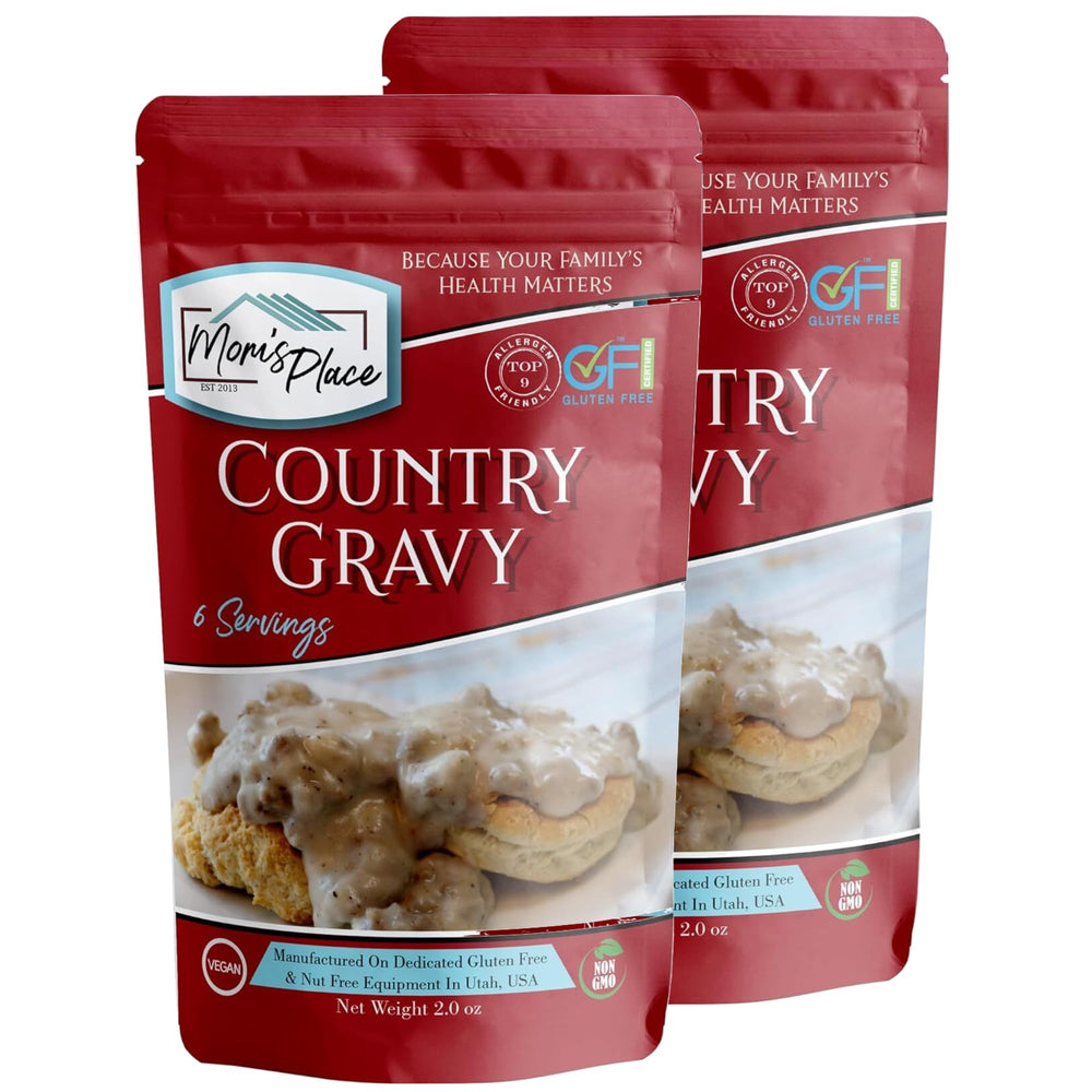 Moms Place Gluten-Free Country Gravy Mix pack-2 delivers creamy, allergen-free gravy for biscuits.