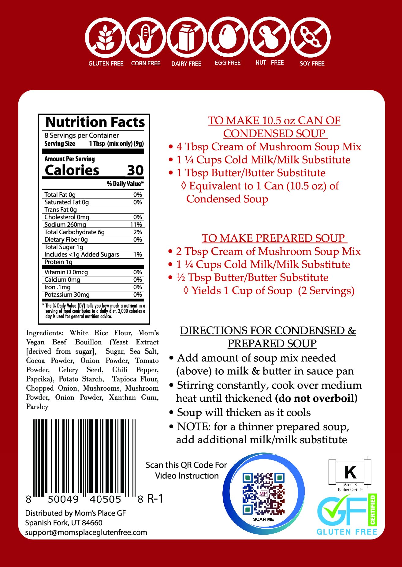 Mom's Place gluten-free cream of mushroom soup mix packaging highlighting allergen-free labels.