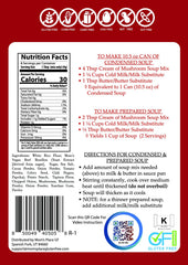 Mom's Place gluten-free cream of mushroom soup mix packaging highlighting allergen-free labels.