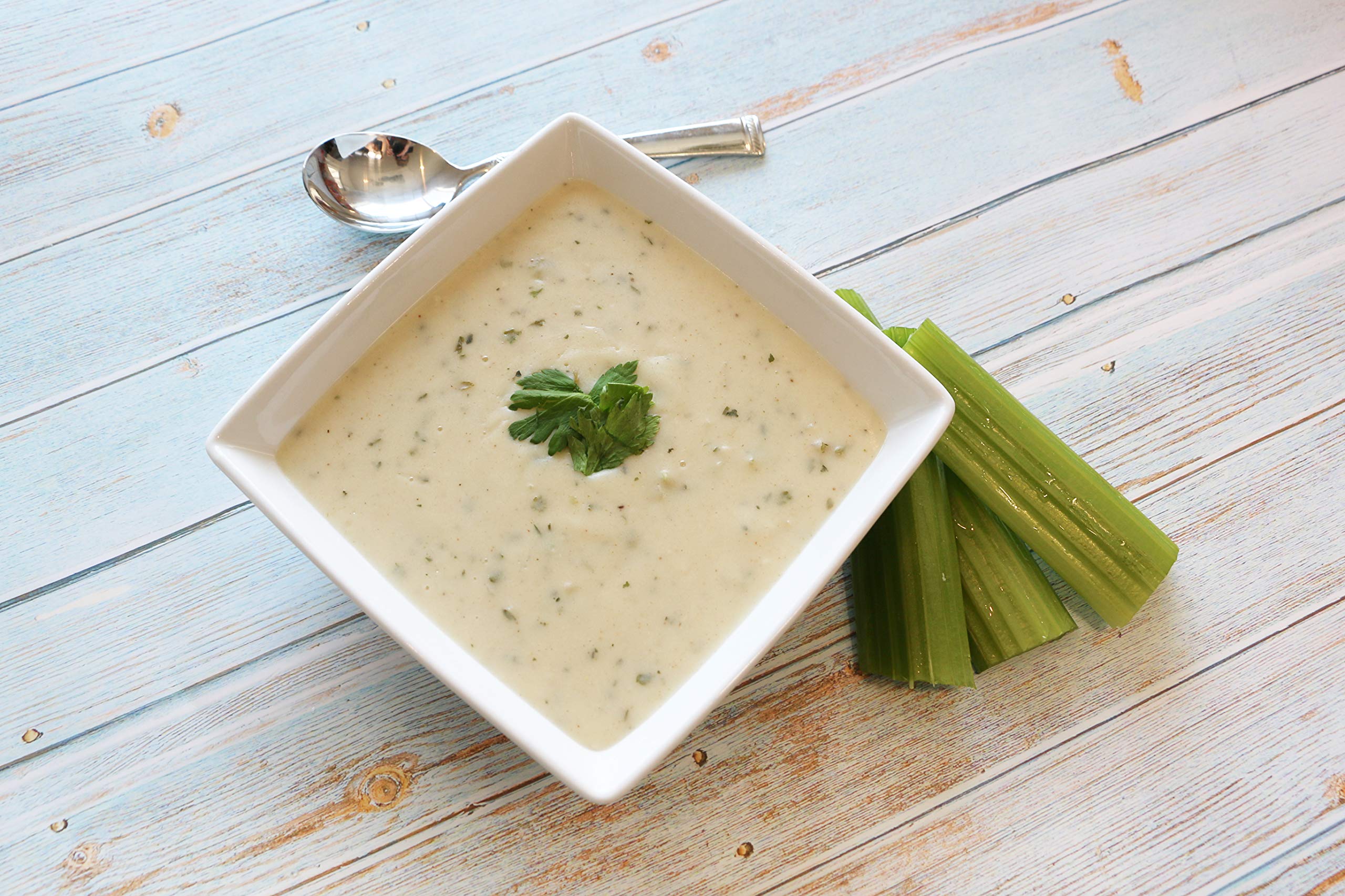 Mom's Place Gluten-Free Cream of Celery Soup served in a comforting dairy-free bowl