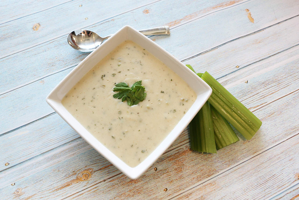 Mom's Place Gluten-Free Cream of Celery Soup served in a comforting dairy-free bowl