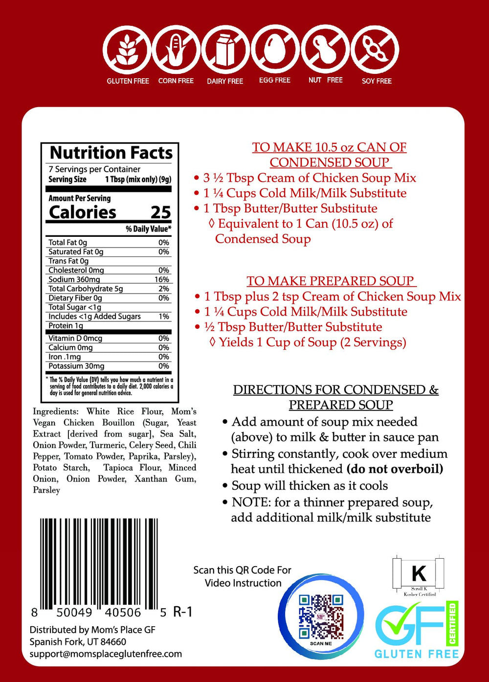 Mom's Place Gluten-Free Cream of Chicken Soup Mix ingredients display for gluten-free cooking