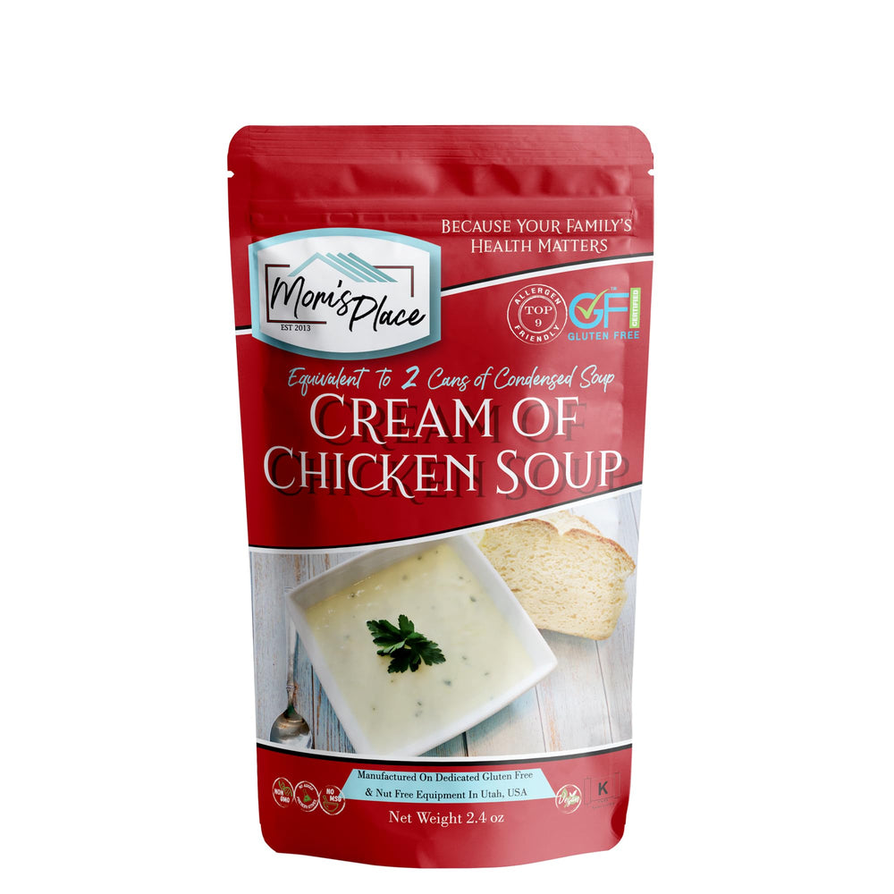 Mom's Place Gluten-Free Cream of Chicken Soup Mix pack shot showing allergen-friendly packaging for dairy-free meals