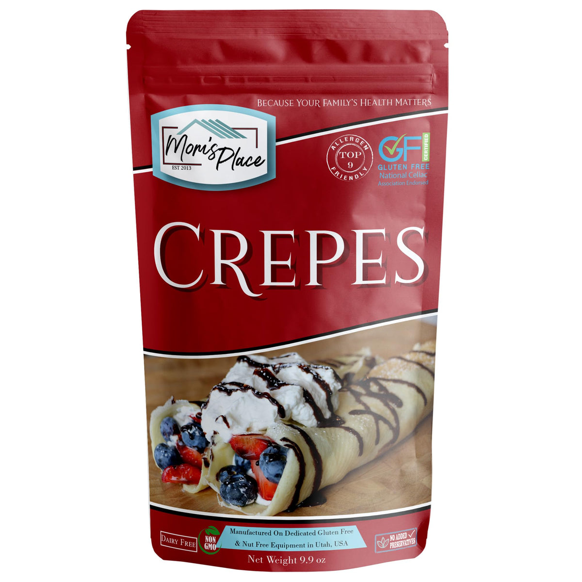Mom's Place Gluten-Free crepe mix bag for quick allergen-friendly breakfasts.