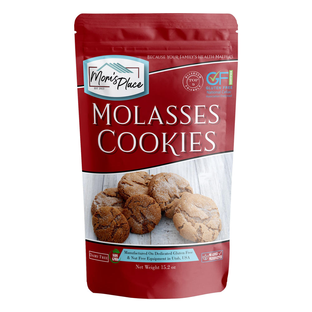 Mom's Place Gluten-Free Molasses Cookie Mix packaging for nut-free, gluten-free baking at home.