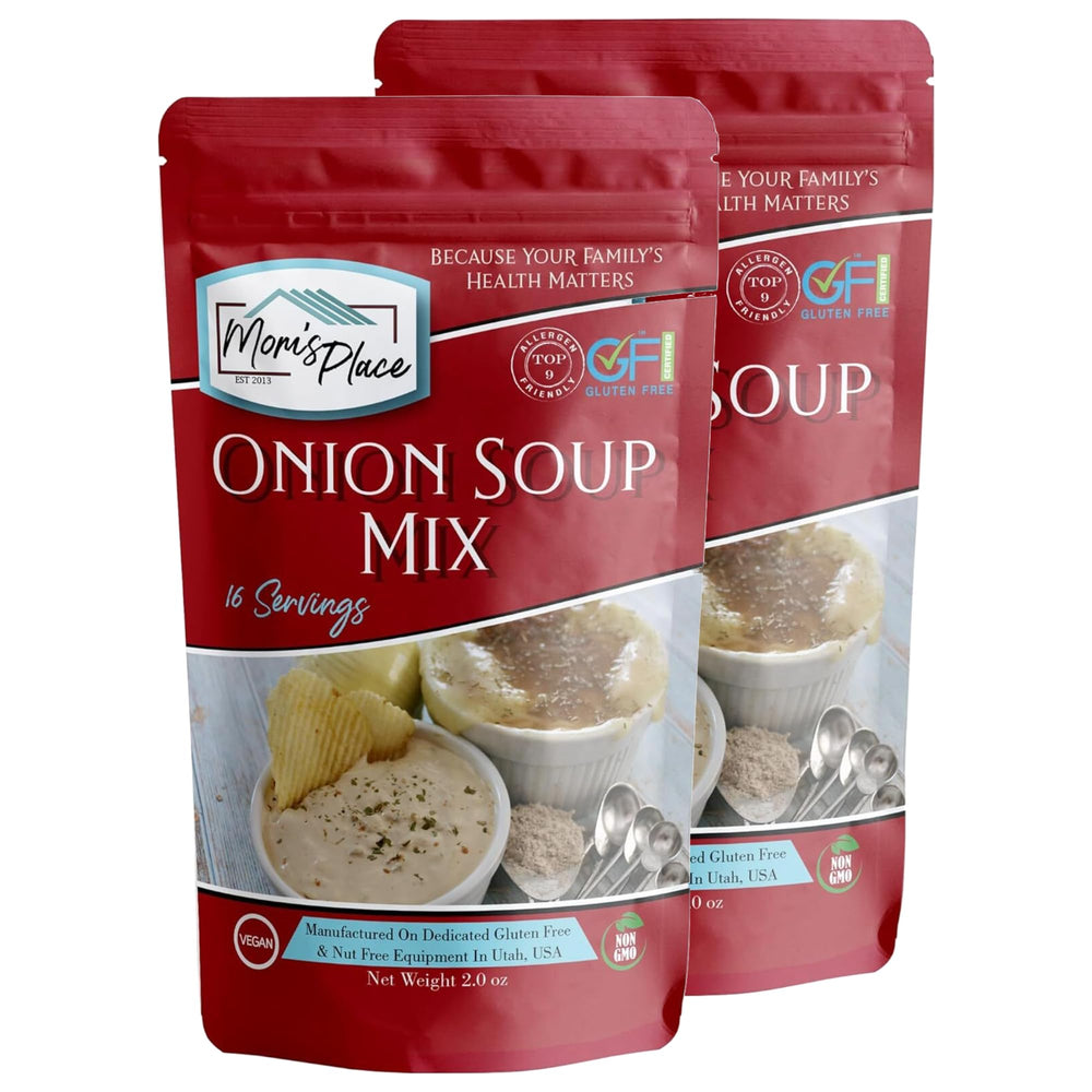 Mom's Place Gluten-Free Onion Soup Mix pack-2 pour for rich soups and savory dips.