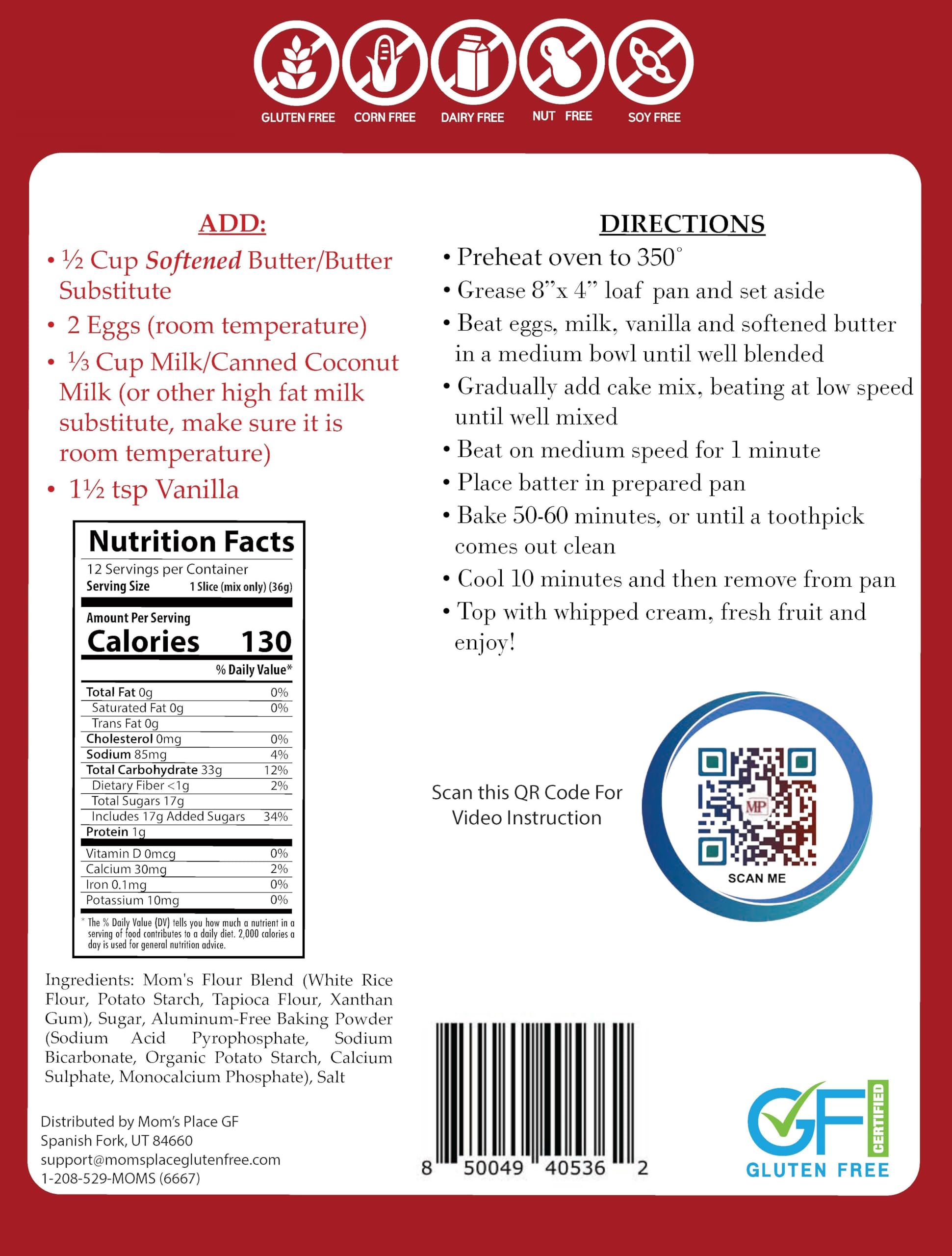Mom's Place gluten-free pound cake mix ingredients closeup highlights safe, nut-free recipe options.