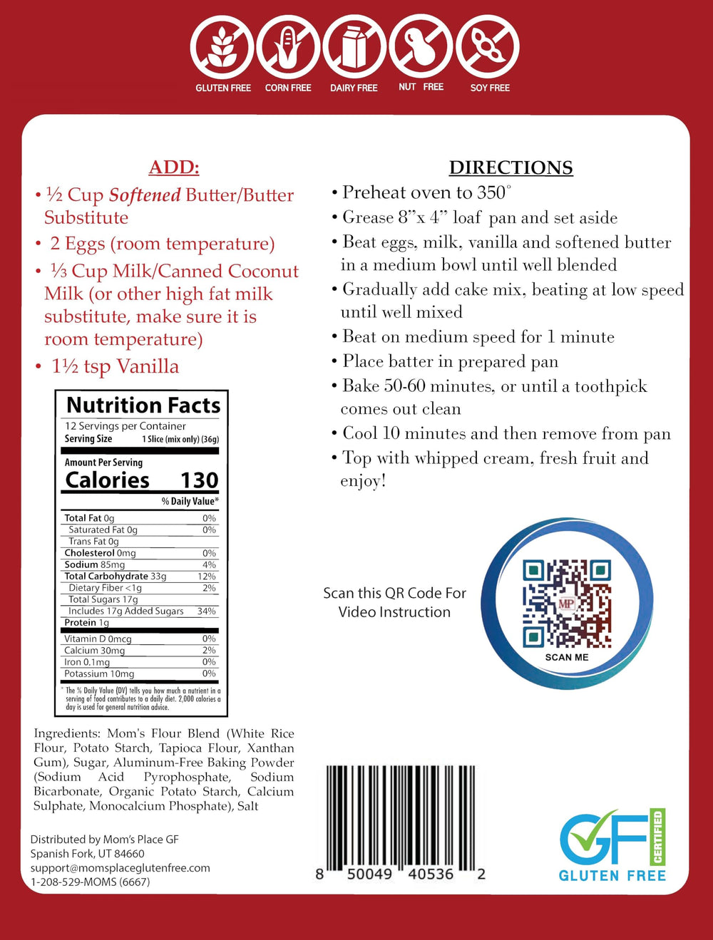 Mom's Place gluten-free pound cake mix ingredients closeup highlights safe, nut-free recipe options.