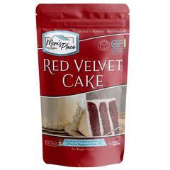 Mom's Place Gluten-Free Red Velvet Cake Mix box highlights gluten-free labeling and allergen info.