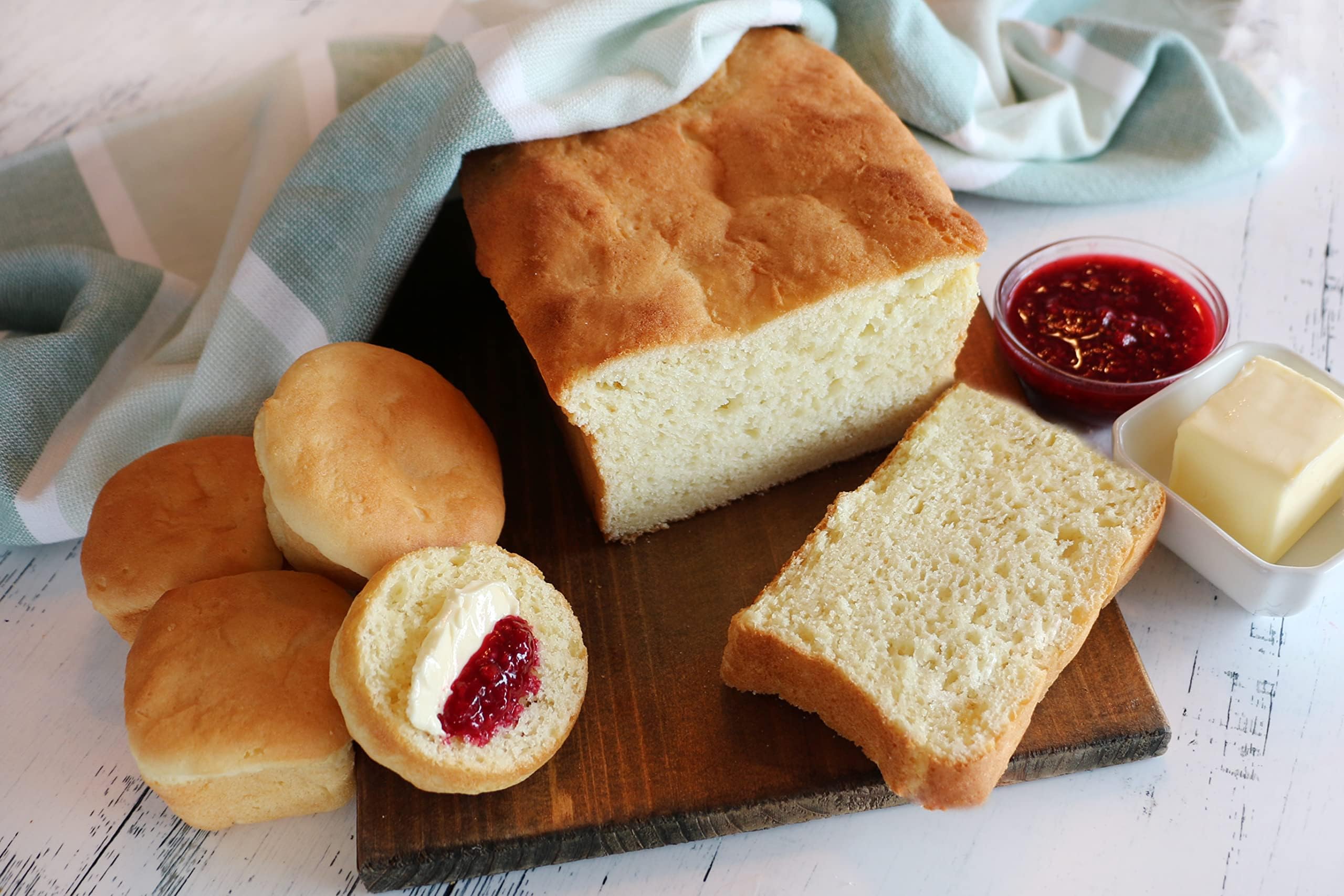 Loaf pan baking scene with Mom's Place gluten-free mix for homemade bread