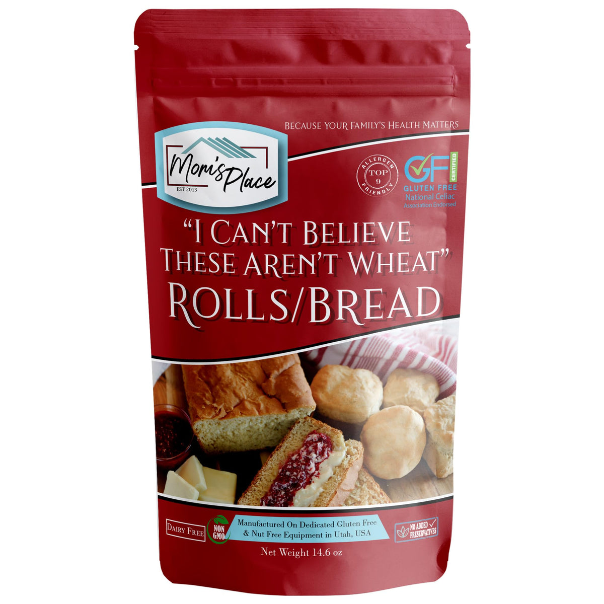 Packaging for Mom's Place gluten-free rolls and bread mix, ready for quick bake.