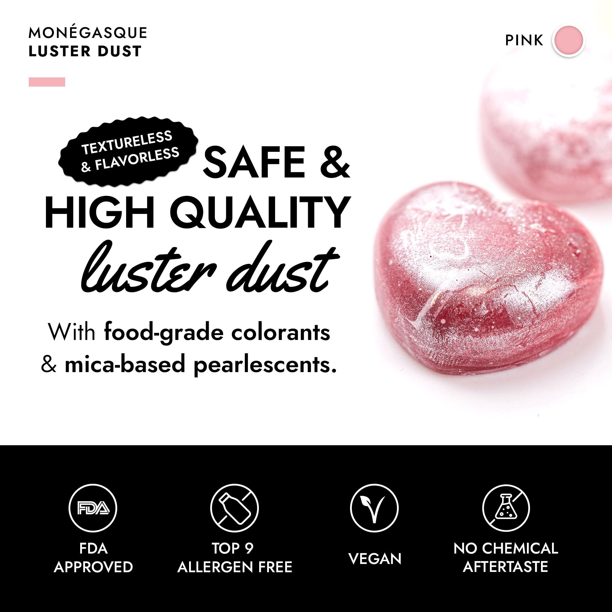 MONÉGASQUE pink edible glitter for cakes gives a radiant dessert shimmer.