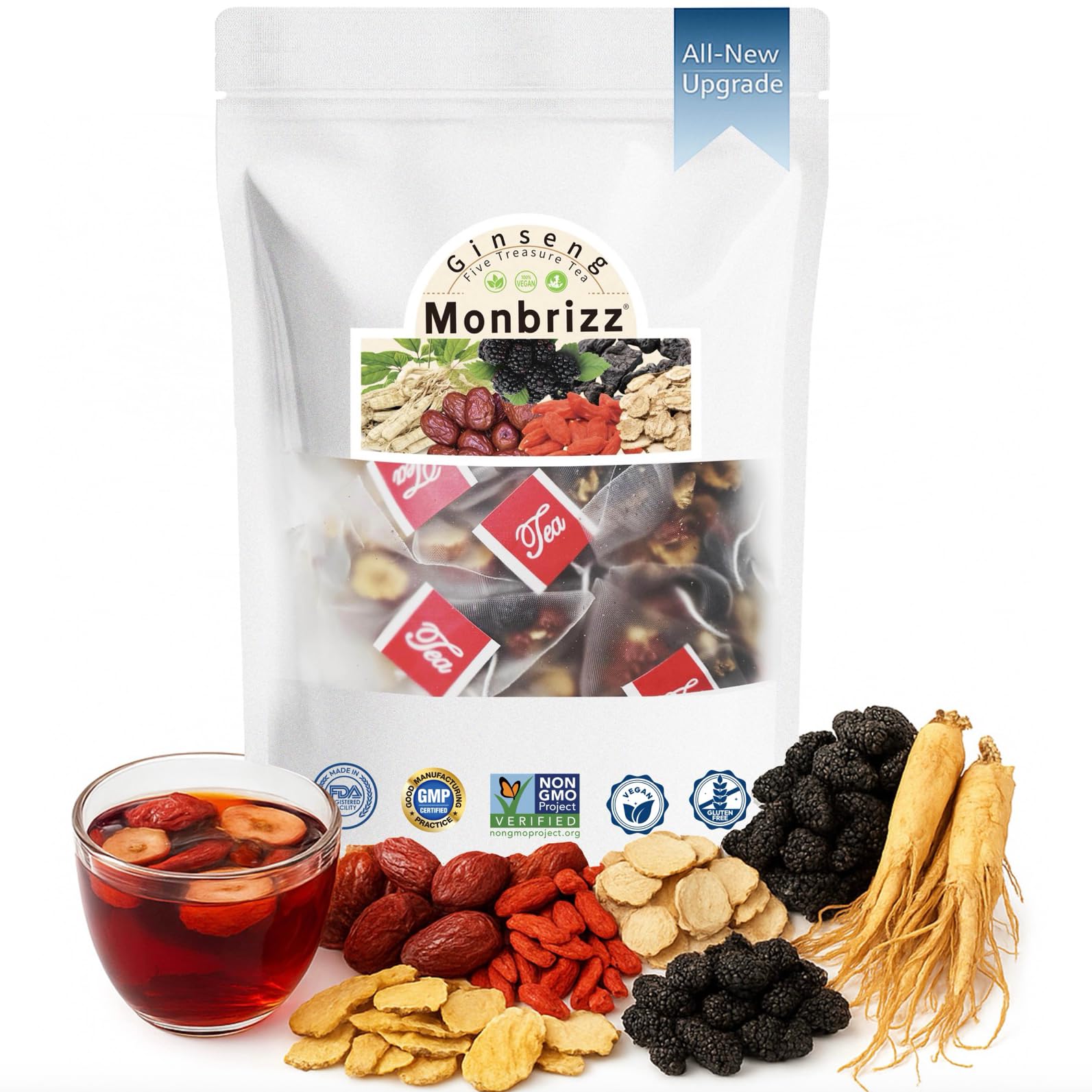 Monbrizz kidney tea formula bottle showing premium six-herb blend for balanced energy