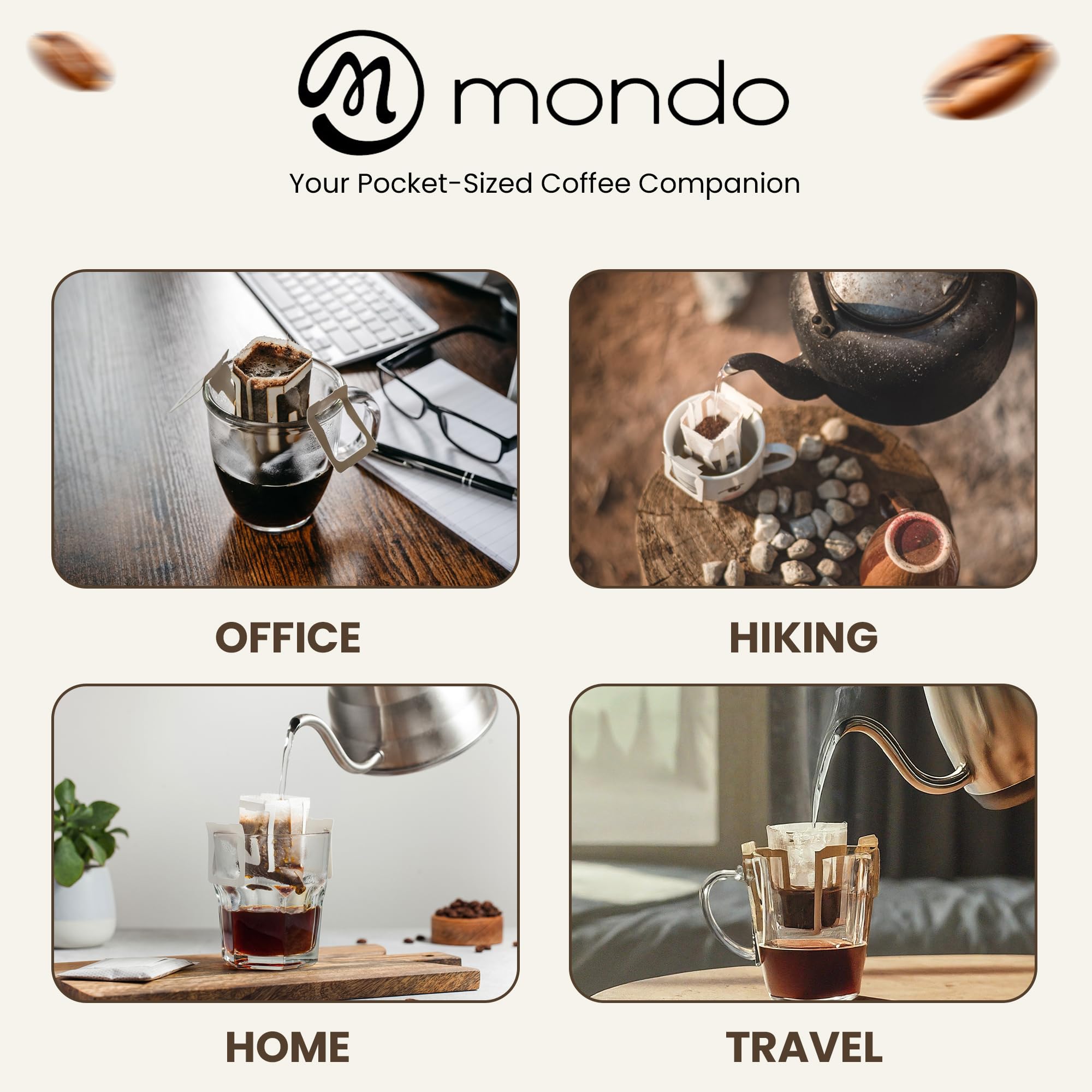 Mondo Drip Coffee Mix pre-filled pouches ready for quick pour-over