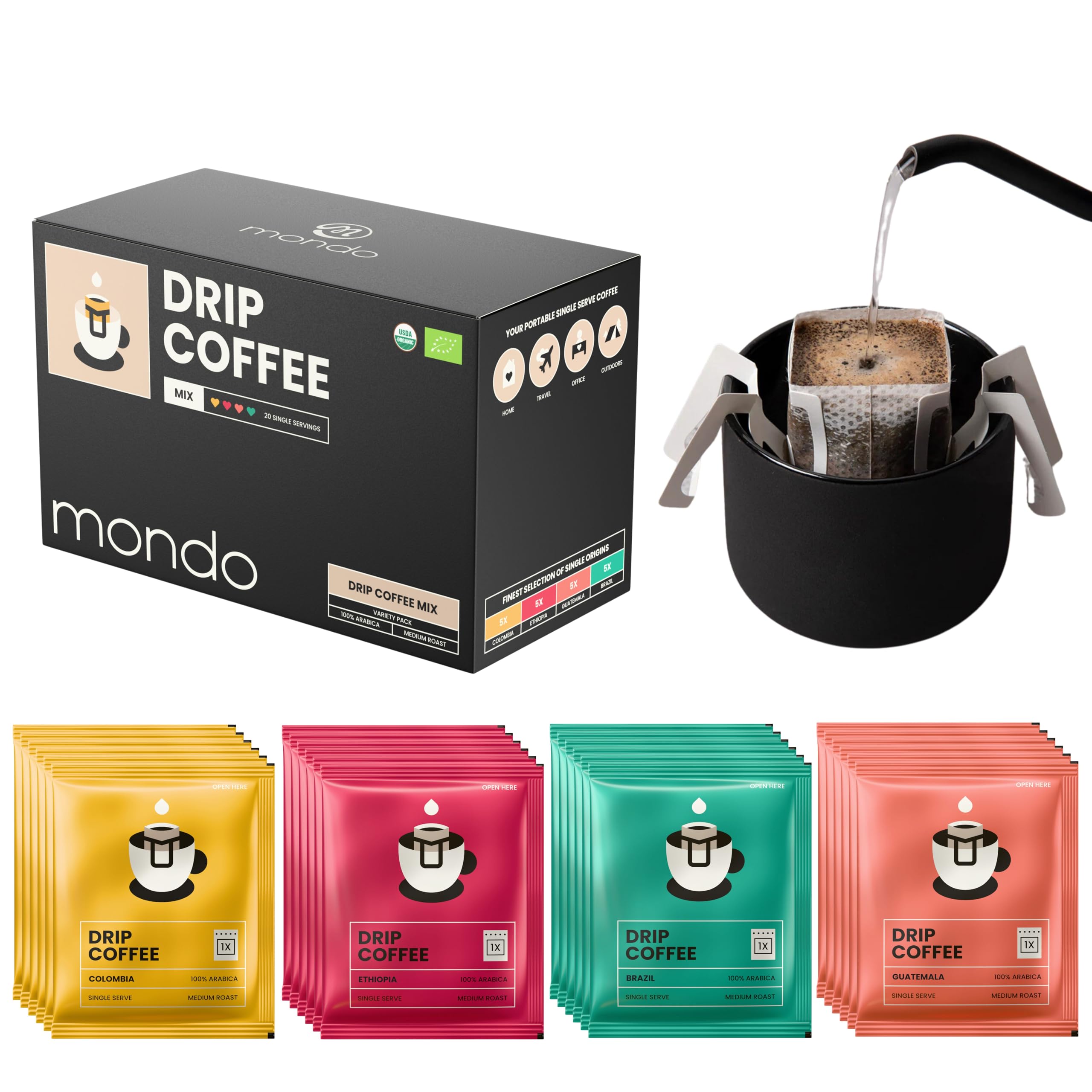 Mondo Drip Coffee Mix variety pack front view for quick tasting at home