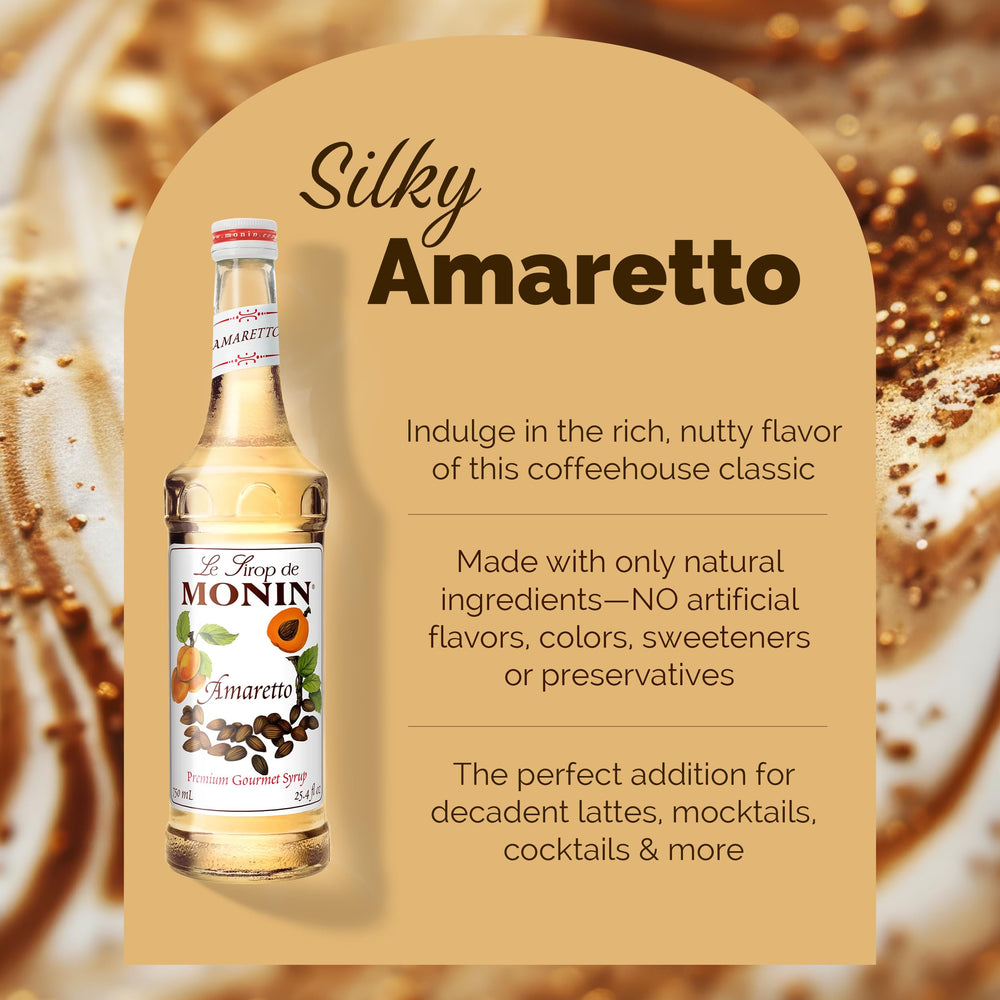 Monin Amaretto Syrup in latte being poured, cozy flavor boost.