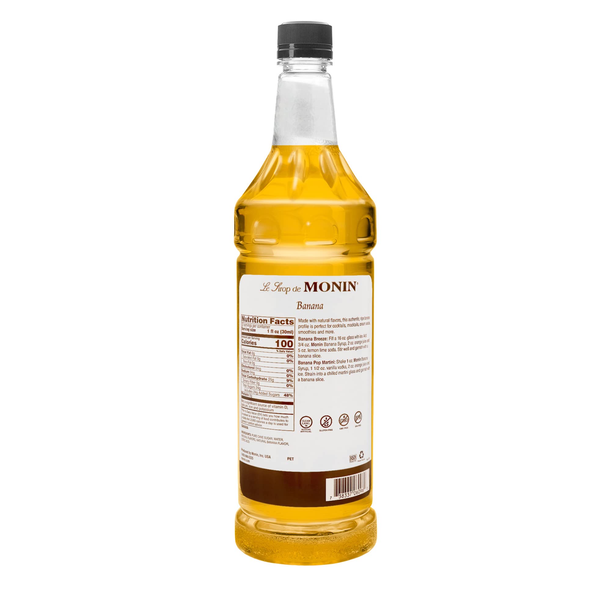 Monin Banana Syrup pump enables easy, mess-free pour for consistent flavor.