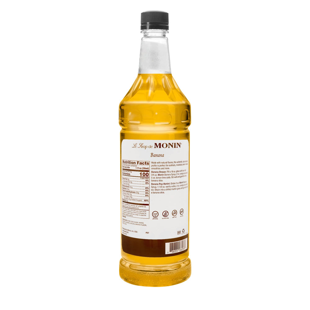 Monin Banana Syrup pump enables easy, mess-free pour for consistent flavor.